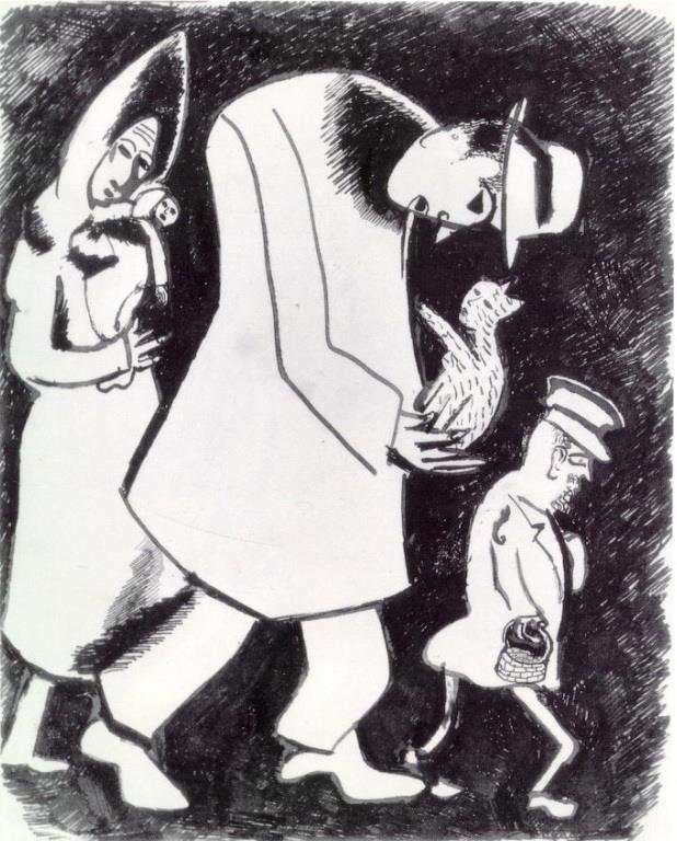 猫を持つ男と子供を持つ女 現代マルク・シャガール油絵